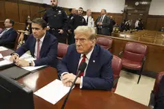Former President Donald Trump appears in the courtroom for the first day of his criminal trial at Manhattan Criminal Court in New York, April 15, 2024. Trump faces charges he falsified business records to cover up a sex scandal while serving as president. More than half of the first group of prospective jurors was dismissed almost immediately. (Jefferson Siegel/The New York Times)