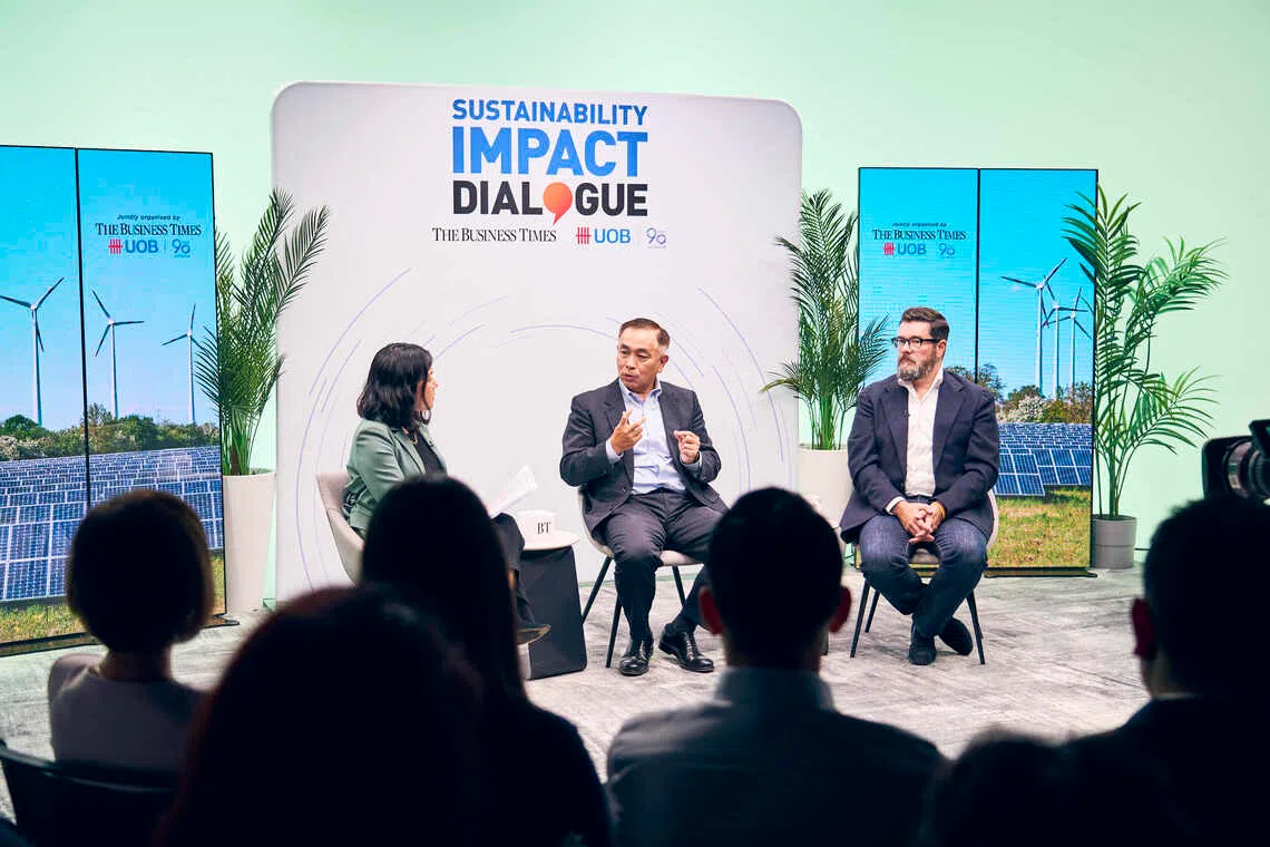 Yoon Young Kim (centre), cluster president for Singapore and Brunei at Schneider Electric, and Nat Bullard (right), co-founder and chief strategy officer of Halcyon. They shared their views on unlocking opportunities in the green energy transition during a panel discussion moderated by Melissa Moi, head of sustainable business at UOB.