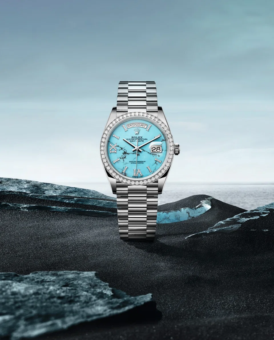 Oyster Perpetual Day-Date 36 in 18 ct white gold, with a turquoise, diamond-set dial, diamond-set bezel and a President bracelet.