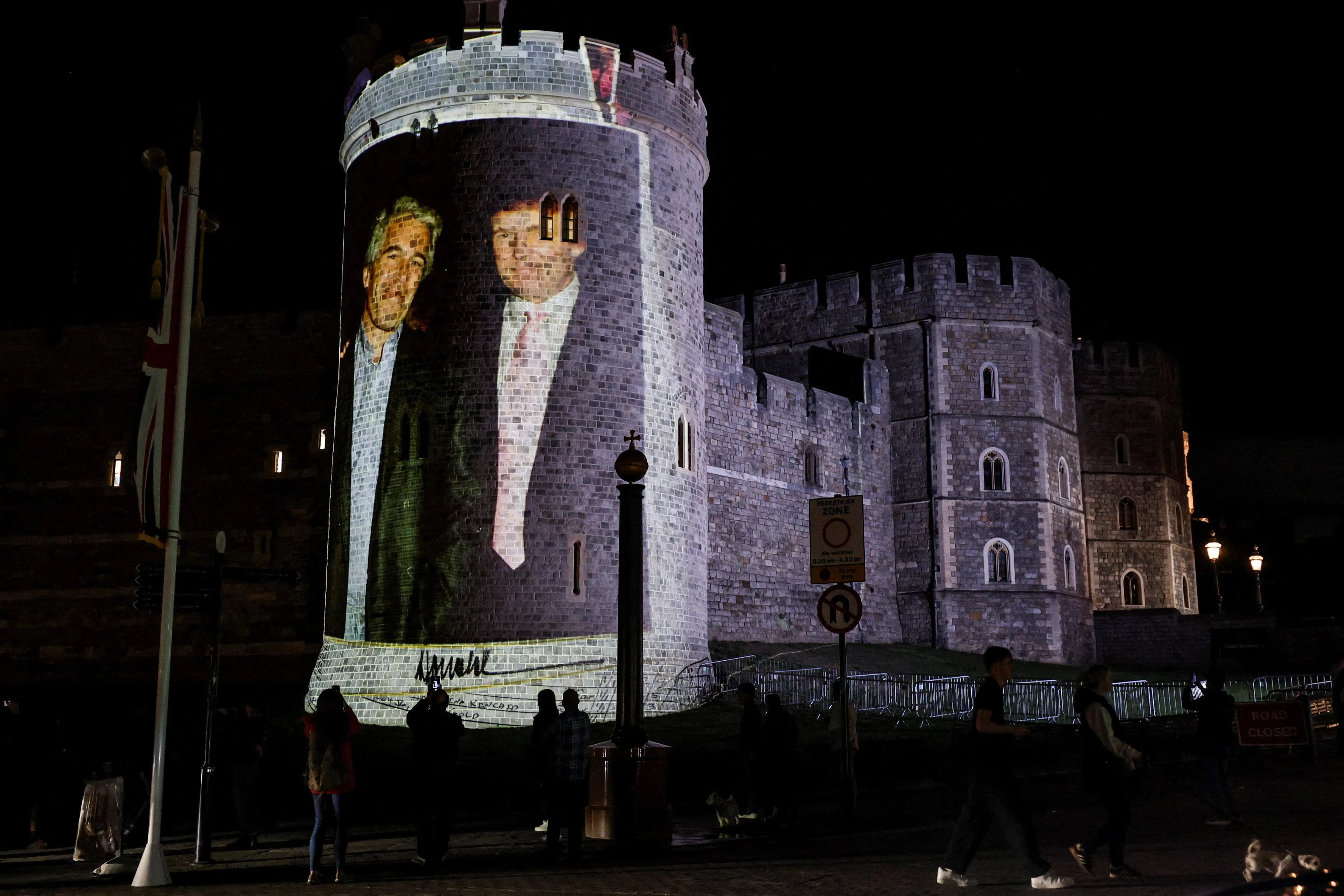 An image of US President Donald Trump alongside disgraced financier Jeffrey Epstein is projected on Windsor castle, Berkshire, Britain, Sep 16, 2025. 