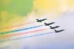 The People's Liberation Army Air Force Bayi Aerobatic Team perform during an aerial flying display at the Singapore Airshow 2026. 