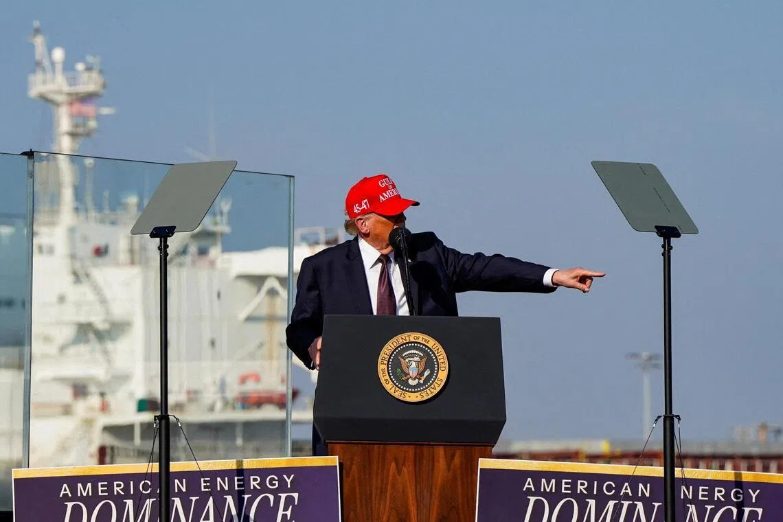 US President Donald Trump delivers remarks during a campaign rally in Corpus Christi, Texas, Feb 27, 2026. 