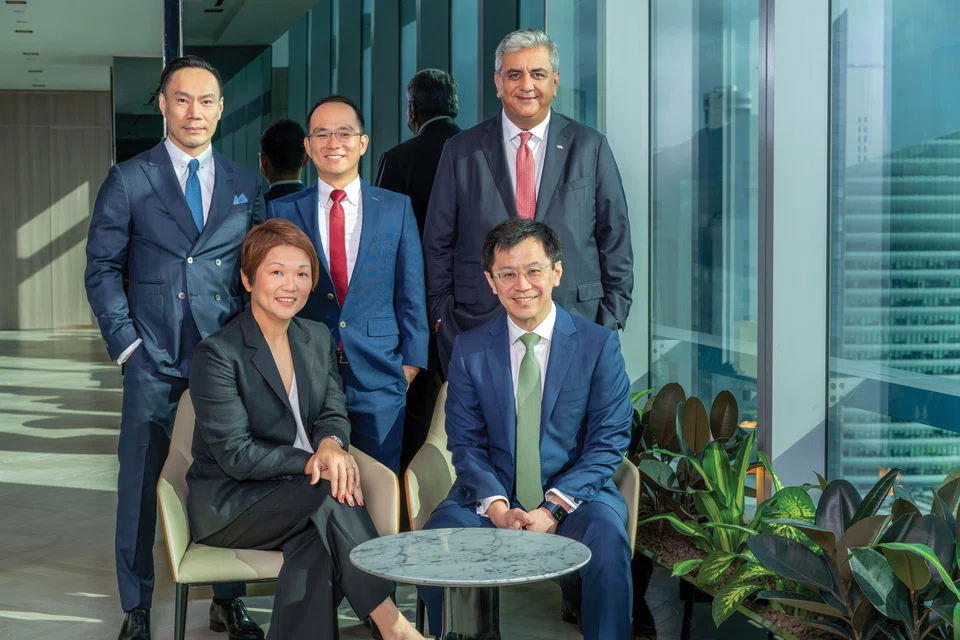 From left (back row): Rowan Tan, head of ultra-high-net-worth private solutions of South Asia; Wong Hsien Sheng, head of ultra-high-net-worth market solutions of South Asia; Pritash Mathur, head of family office coverage of global India/global South Asia. From left (front row): Kerri Lim, head of ultra-high-net-worth segment of Asia; Tommy Leung, head of global private banking of South Asia.
