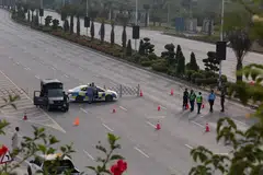 Security personnel block a road leading to Serena Hotel, where the US and Iran held talks on Apr 11 and 12, in Islamabad.