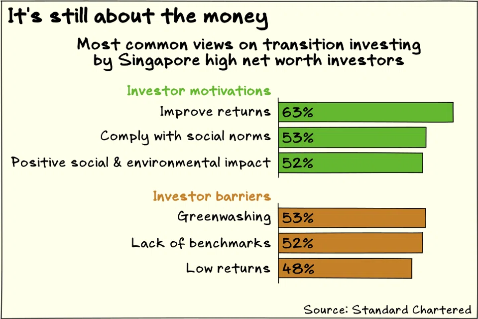 Singapore investors are mostly interested in transition investing for better returns, finds a Standard Chartered survey.