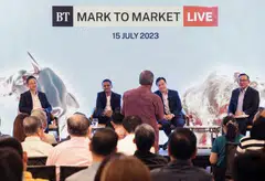 (From left) Aaron Chwee, head of wealth advisory, OCBC Bank; Vijay Natarajan, vice-president, real estate and Reits, RHB Bank Singapore; Terence Wong, chief executive officer, Azure Capital;  Ben Paul, senior correspondent, The Business Times at the Mark to Market “Live” forum. Panellists discussed how investors should reposition their portfolios amid high inflation and aggressive interest rate hikes. 