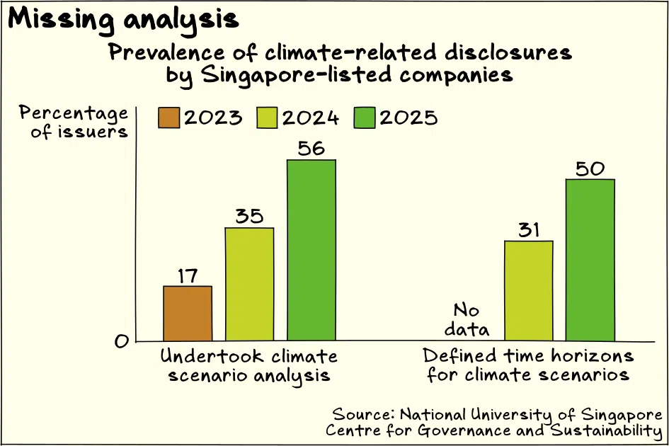 Singapore-listed companies are making progress on climate scenario analysis, but key gaps remain, a study finds.