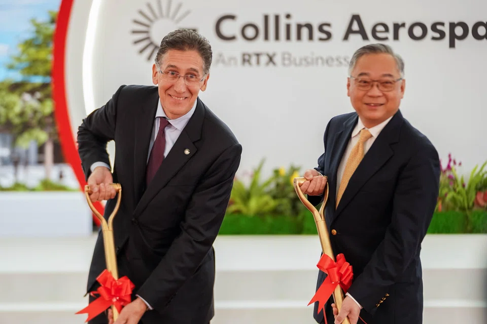 RTX's Paolo Dal Cin (left) and DPM Gan Kim Yong at the groundbreaking ceremony of the new Collins Aerospace facility at Seletar Aerospace Park on Jul 15.