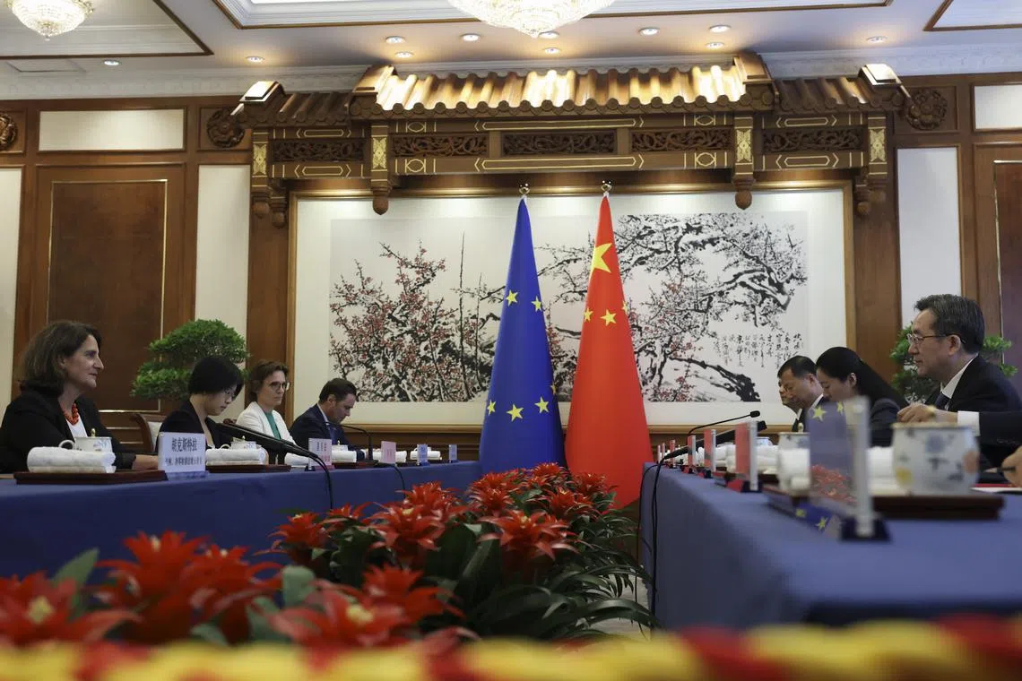 Chinese Vice-Premier Ding Xuexiang (first from right) and European Commission Executive Vice-President for a Clean, Just and Competitive Transition Teresa Ribera (first from left) at a meeting in Beijing.  EU decision-makers appear to believe that encouragement, not condemnation, is the best way to secure climate cooperation from China.