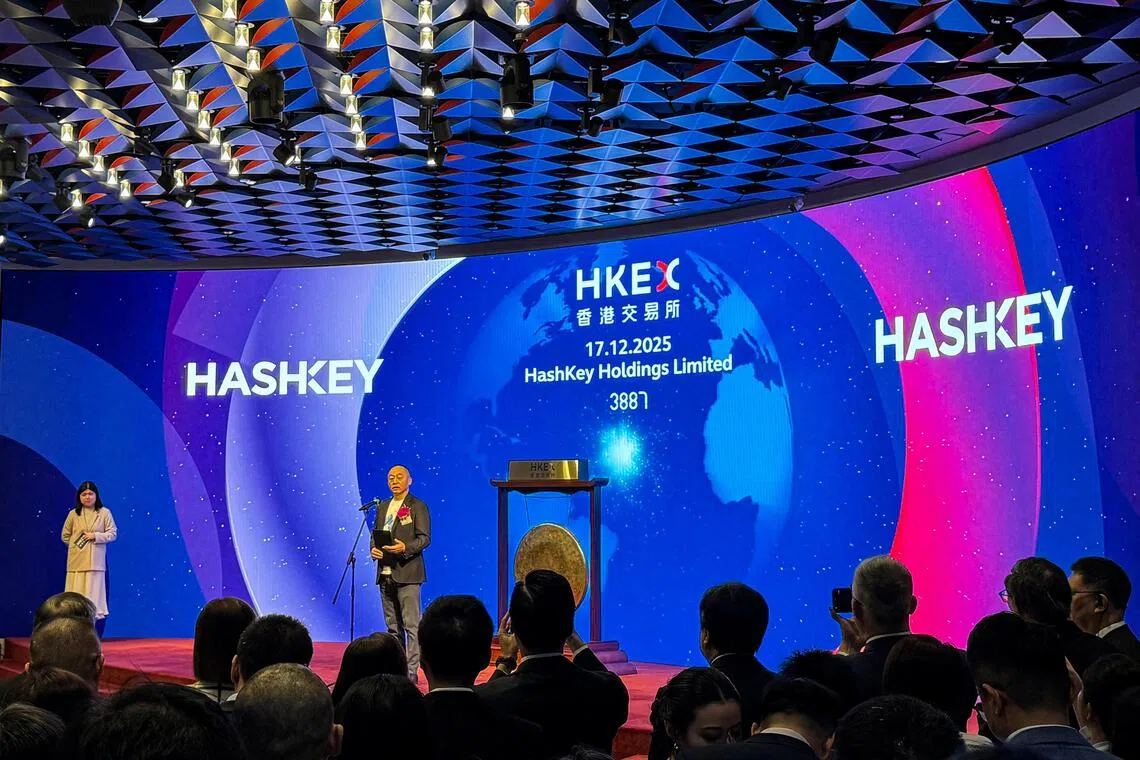 HashKey's Chairman and Chief Executive Officer (CEO) Xiao Feng speaks at the company's listing ceremony at the Hong Kong Stock Exchange, in Hong Kong, China December 17, 2025. REUTERS/Kane Wu