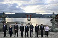 G7 leaders at the Itsukushima Shrine during the G7 summit in Hiroshima, Japan, on May 19, 2023. 
