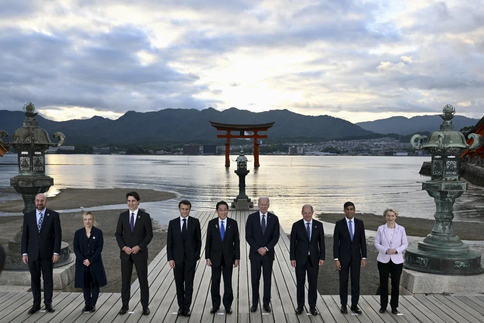 G7 leaders at the Itsukushima Shrine during the G7 summit in Hiroshima, Japan, on May 19, 2023. 