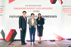 From left: DBS group head of institutional banking Han Kwee Juan and Second Minister for Finance and National Development Indranee Rajah, with panel moderator Anita Gabriel, deputy news editor at The Business Times.