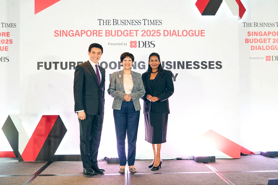 From left: DBS group head of institutional banking Han Kwee Juan and Second Minister for Finance and National Development Indranee Rajah, with panel moderator Anita Gabriel, deputy news editor at The Business Times.