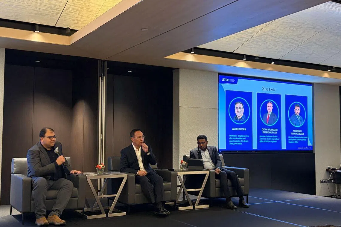 From left: Zakir Hussain, vice-president of Singapore Press Club and associate editor at The Straits Times; Haji Hasni Mohammad, executive chairman of Jetco in Singapore; and Vinothan Tulisi, director of Malaysian Investment Development Authority’s Singapore office.