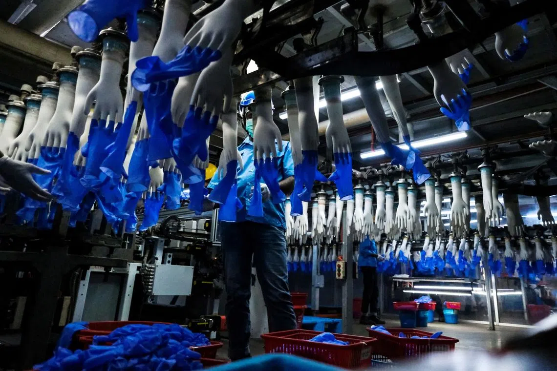 An employee monitors latex gloves on hand-shaped molds moving along an automated production line at a Top Glove Corp. factory in Setia Alam, Selangor, Malaysia, on Tuesday, Feb. 18, 2020. The world’s biggest glovemaker got a vote of confidence from investors in the credit market, as the coronavirus fuels demand for the Malaysian company’s rubber products. The World Health Organization is taking an unprecedented step of negotiating directly with suppliers to improve access to gloves, face masks and other forms of protective equipment. Photographer: Samsul Said/Bloomberg