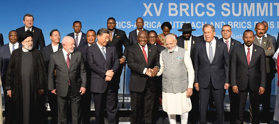 Brics leaders and delegates on the closing day of the Brics summit in Johannesburg, South Africa on Aug 24. The grouping announced that they would welcome six new members in January 2024. 