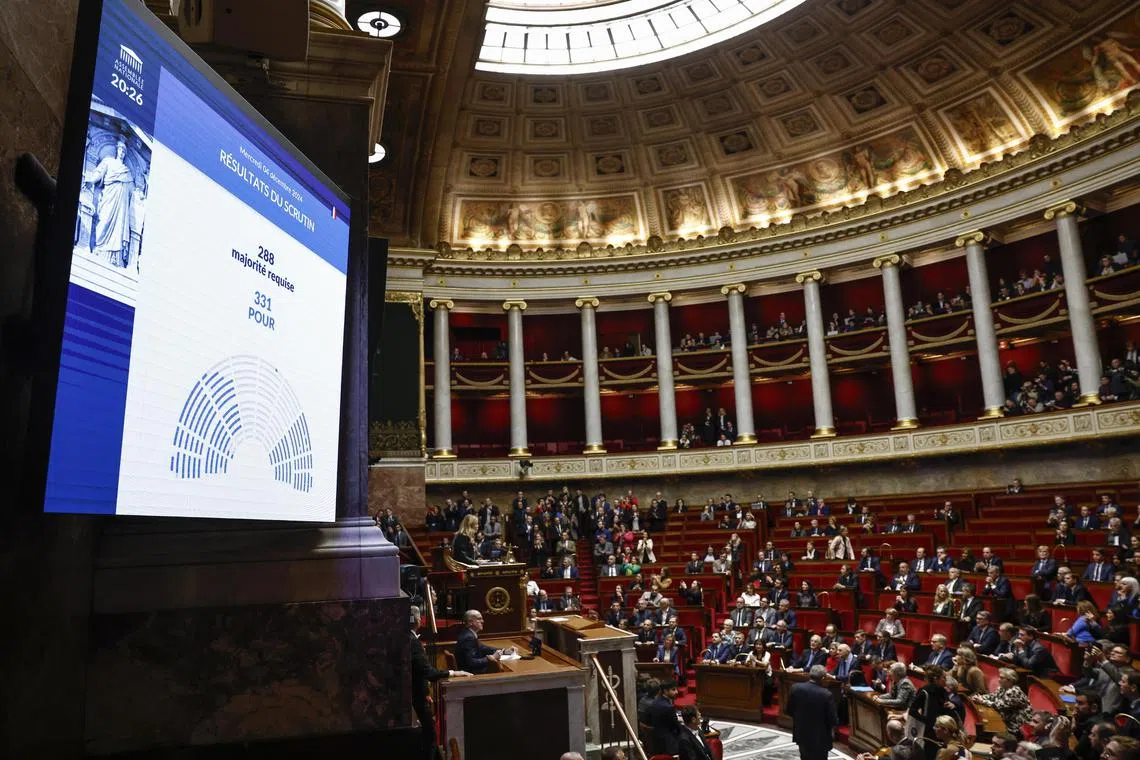 A screen shows the result of the no-confidence vote against the French prime minister and his government at the National Assembly, Paris, France, Dec 4, 2024. The government lost the no-confidence vote after a total of 331 members of the parliament voted in favour of the motion.  