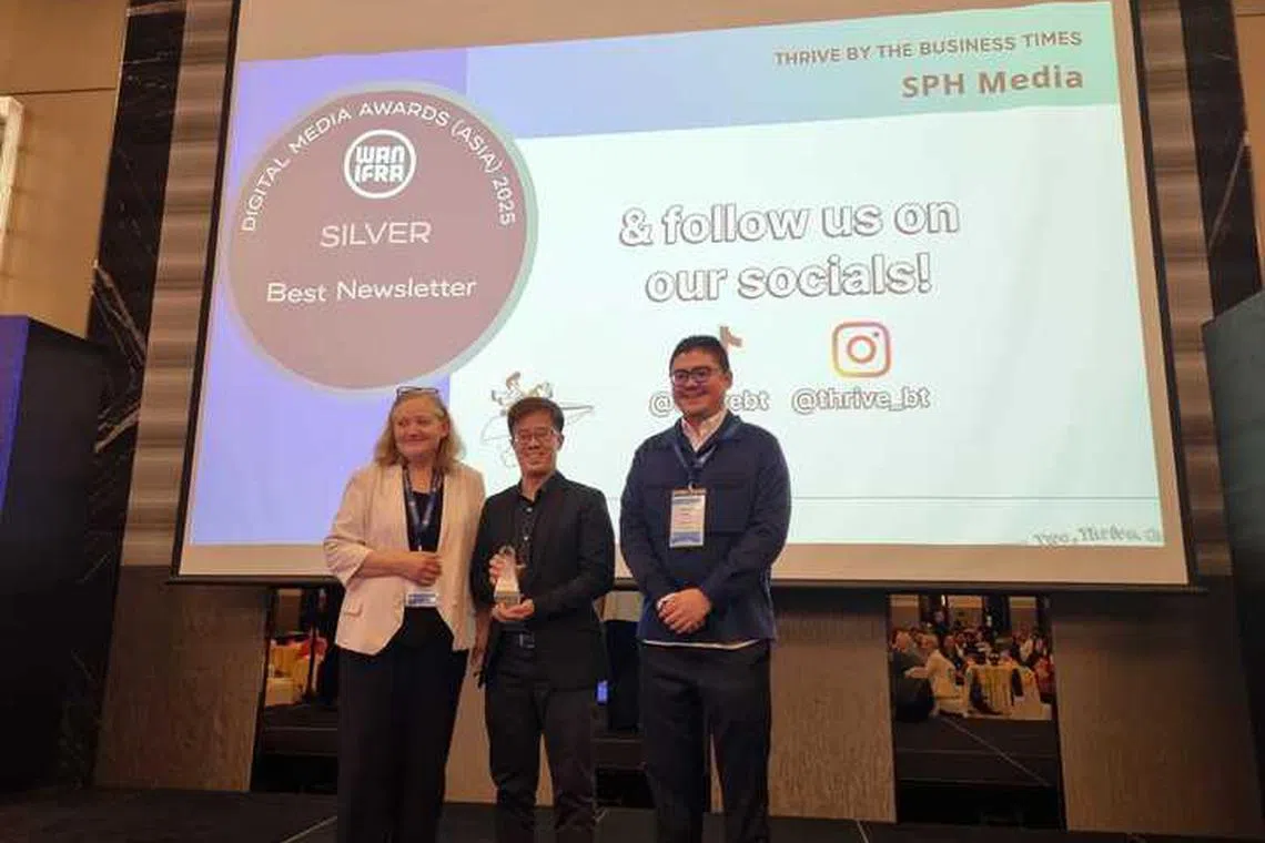 The Best Newsletter award was presented at a ceremony to SPH Media editor of special projects Chan Cheow Pong (middle), one of the founding team members of thrive, on April 24 at the Pullman Kuala Lumpur City Centre. 
