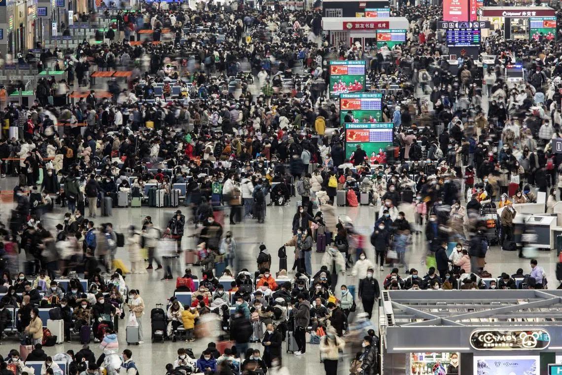 Travellers in the departure hall at the Hongqiao Railway Station in Shanghai, China, on Thursday, Jan 19, 2023. The lifting of citywide lockdowns will increase domestic consumption, and the reopening of China’s borders will boost tourism-related sectors. 