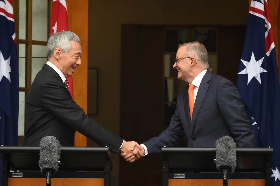 Singapore's Prime Minister Lee Hsien Loong and Australia's Prime Minister Anthony Albanese at the joint press conference for the 7th Annual Leaders' Meeting in Canberra on Oct 18.
