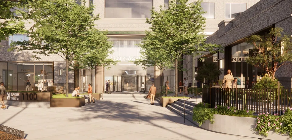 An artist's impression of the plaza at 1100 Peachtree following its ground-floor renovation, which will be completed in 2025. The anchor tenant there, Kilpatrick Townsend, is Manulife US Reit's fourth-largest tenant in its portfolio. 
