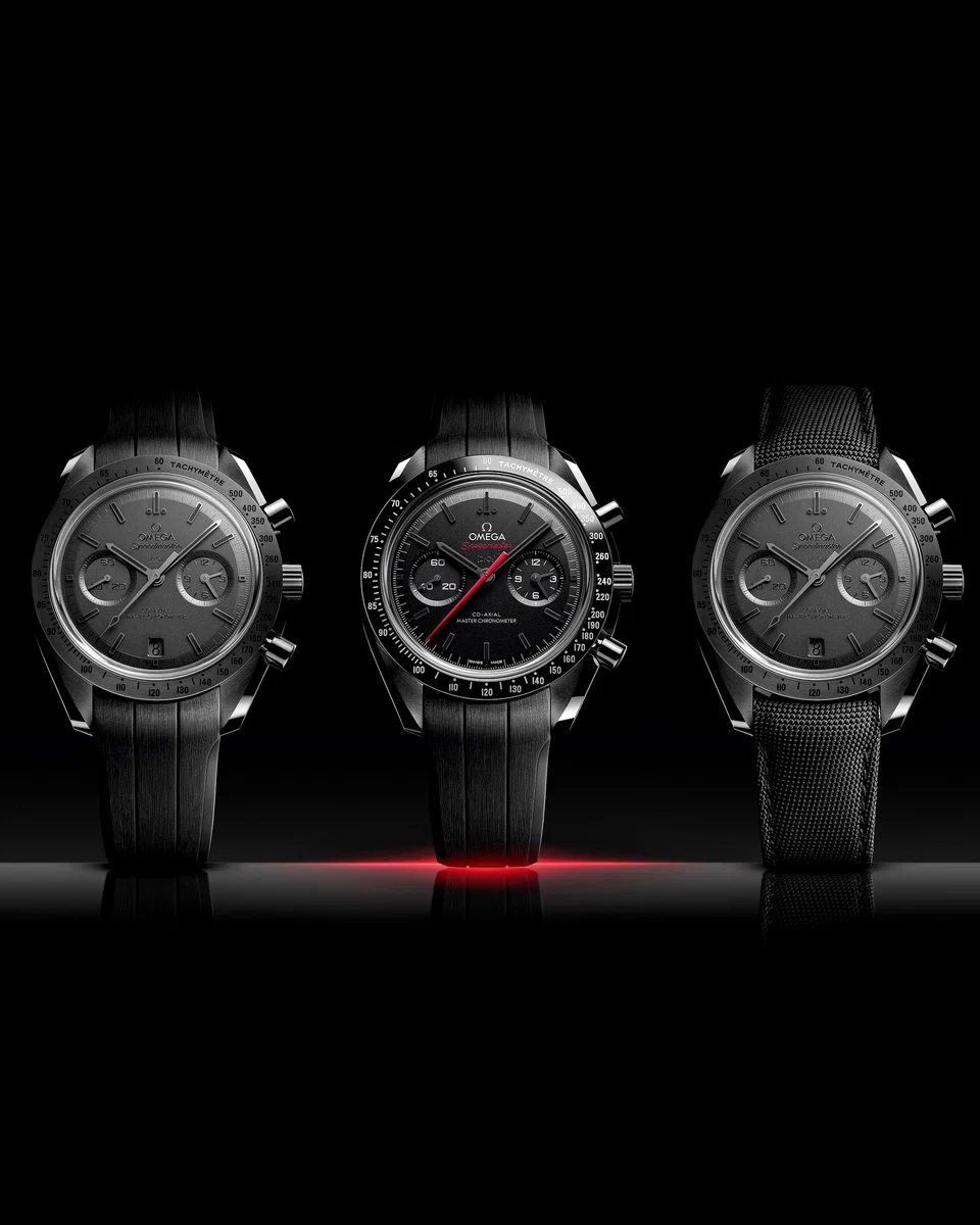 Three of the seven new models in the Speedmaster Dark and Grey Side of the Moon collection.
