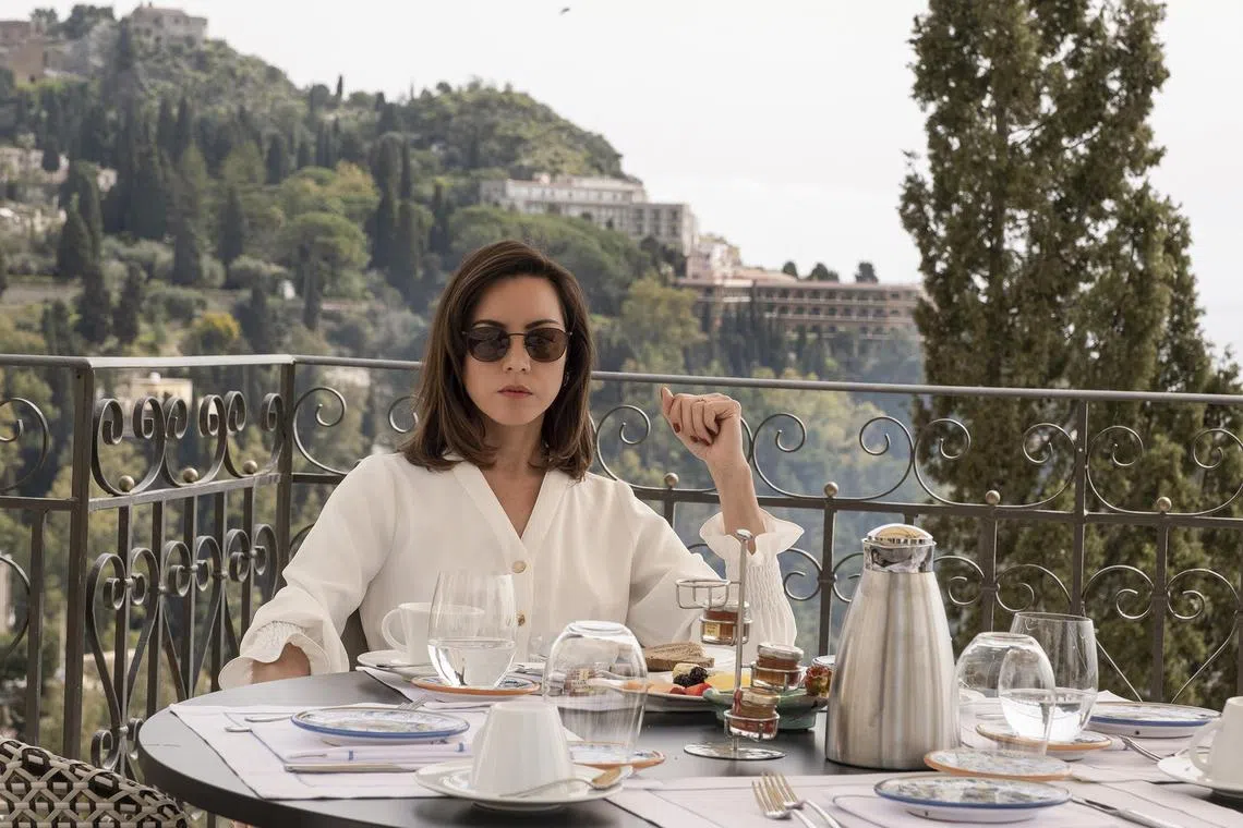 Aubrey Plaza in the second season of The White Lotus, which was filmed at San Domenico Palace, a Four Seasons resort hotel in Taormina, Sicily.