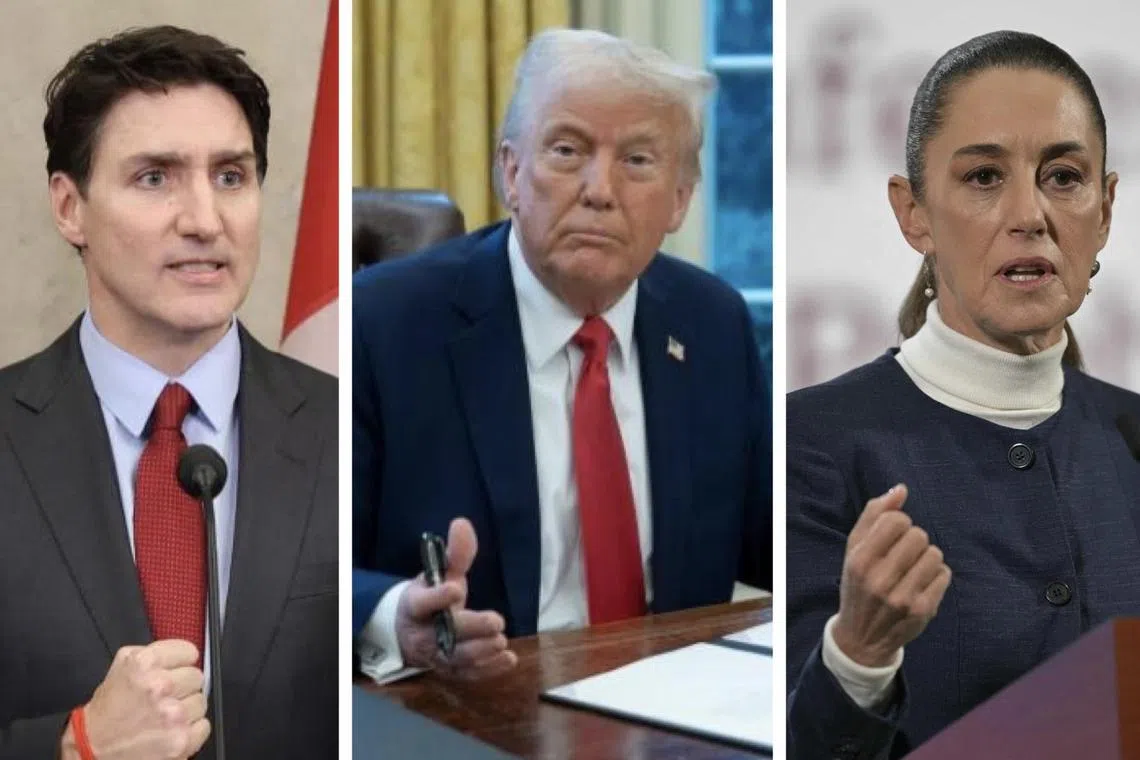 After calls with Donald Trump (centre) just hours before the US tariffs were due to take effect, both Canadian Prime Minister Justin Trudeau (left) and Mexican President Claudia Sheinbaum (right) struck deals for a postponement.