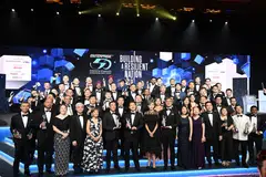 Minister for Digital Development and Information and guest of honour Josephine Teo (front row, eighth from left) with the winners, organisers and sponsors of the E50 Awards.
