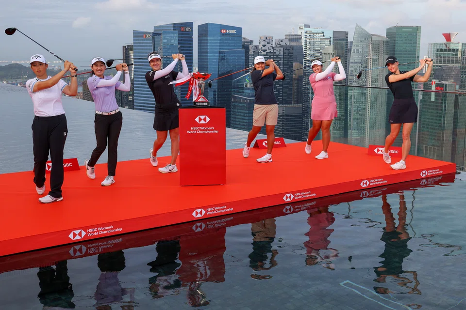 (From left) Ruoning Yin, Jeeno Thitikul, Hannah Green, Shannon Tan, Lilia Vu and Charley Hull at the Marina Bay Sands SkyPark infinity pool on Tuesday (Feb 25).