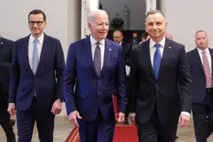 From left: Polish Prime Minister Mateusz Morawiecki, US President Joe Biden and Polish President Andrzej Duda at a bilateral meeting to discuss collective efforts to support Ukraine and bolster Nato's deterrence at the Presidential Palace in Warsaw, Poland, Feb 21, 2023. 