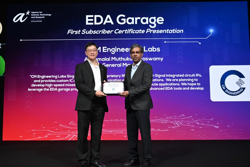 Terence Gan of the A*Star Institute of Microelectronics (IME) with Annamalai Arasu Muthukumaraswamy, director of CM Engineering Labs Singapore. CM Engineering Labs is the first subscriber to  EDA Garage.