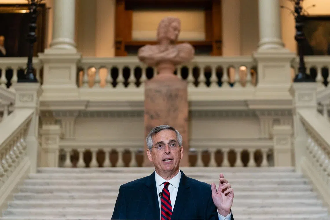 Georgia's secretary of state Brad Raffensperger at a press conference at the Georgia State Capitol on Nov 11, 2022. The Republican, who defied Trump over election denialism, won by a wide margin on Nov 8.
