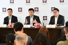 From left: MAS managing director Chia Der Jiun, Second Minister for Finance Chee Hong Tat, and Enterprise Singapore executive chairman Lee Chuan Teck at Friday's  media conference.