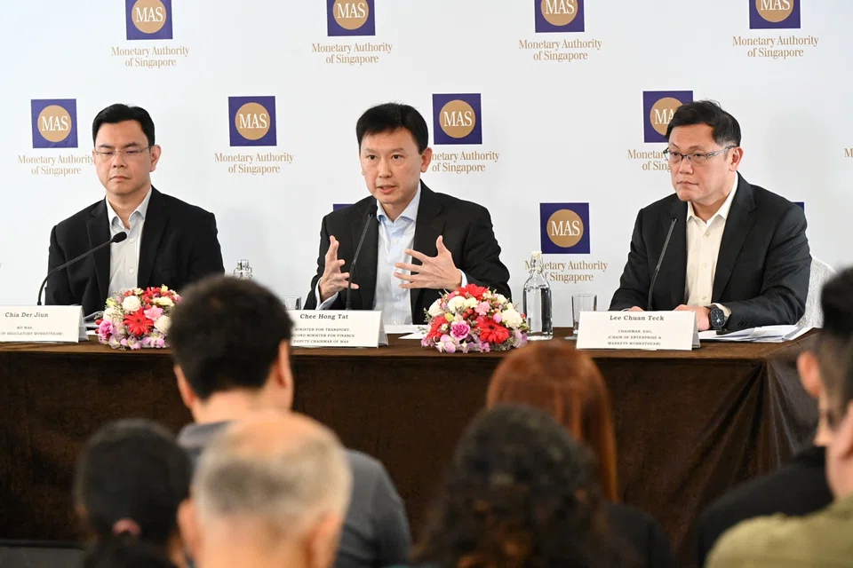 From left: MAS managing director Chia Der Jiun, Second Minister for Finance Chee Hong Tat, and Enterprise Singapore executive chairman Lee Chuan Teck at Friday's  media conference.