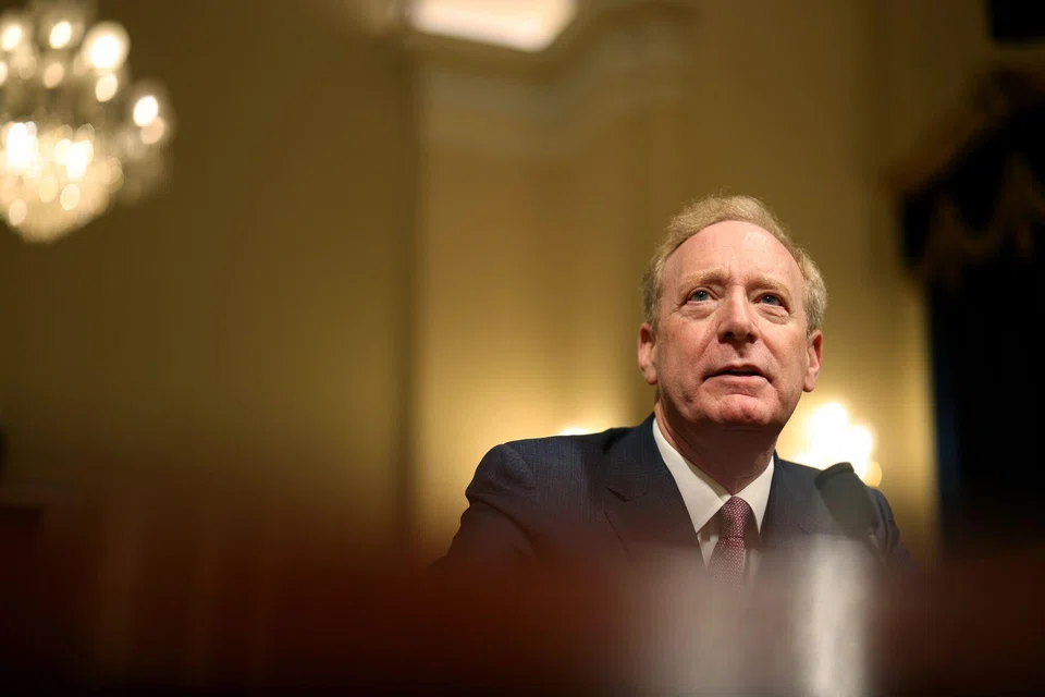 Microsoft President Brad Smith speaks during a House Homeland Security Committee hearing in Washington, DC, June 13, 2024. 
