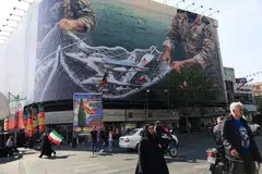 An anti-US billboard on a building in Teheran on Apr 16. The US-Israeli attack on Iran that started on Feb 28 has triggered the worst oil price shock in history.     