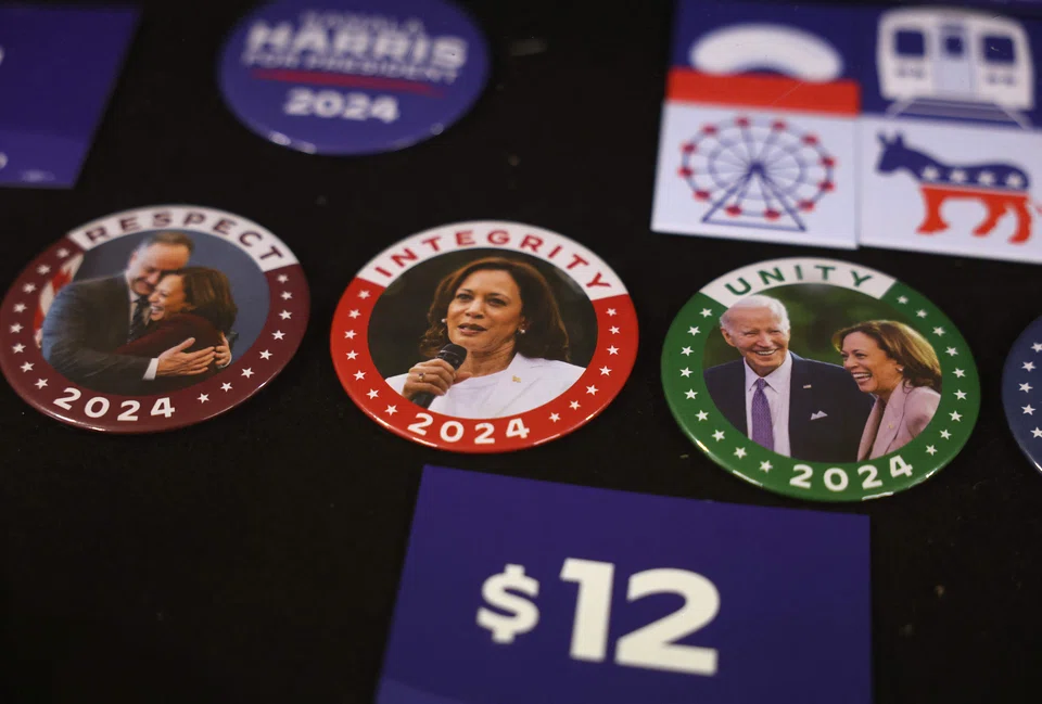 Merchandise for US Vice-President Kamala Harris is displayed as preparation continues for the Democratic National Convention (DNC) at the United Centre, Chicago, Illinois, Aug 16, 2024.