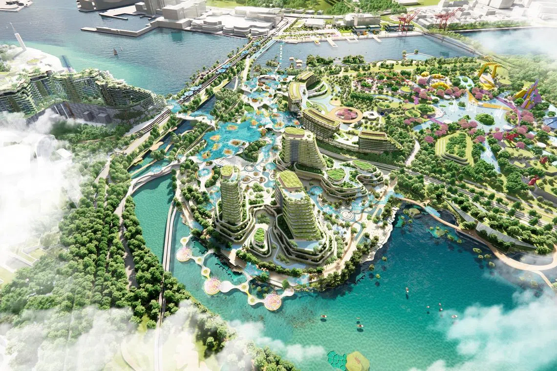 An artist's impression of the proposed new transport hub, which connects the Greater Southern Waterfront, Brani and Sentosa.