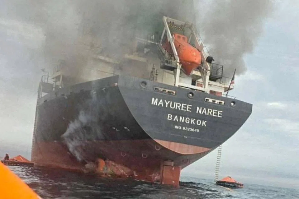 The Thailand-flagged cargo ship Mayuree Naree engulfed in black smoke in the Strait of Hormuz on Mar 11.  