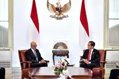 Indonesian President Joko Widodo (right) speaks with Microsoft chairman and chief executive Satya Nadella at the Merdeka Palace in Jakarta.