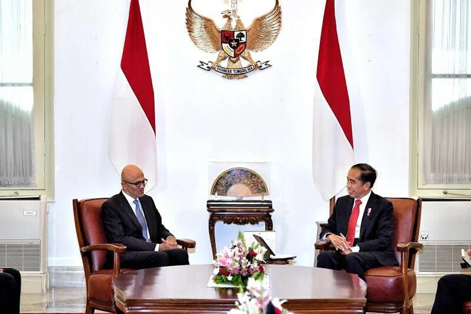 Indonesian President Joko Widodo (right) speaks with Microsoft chairman and chief executive Satya Nadella at the Merdeka Palace in Jakarta.