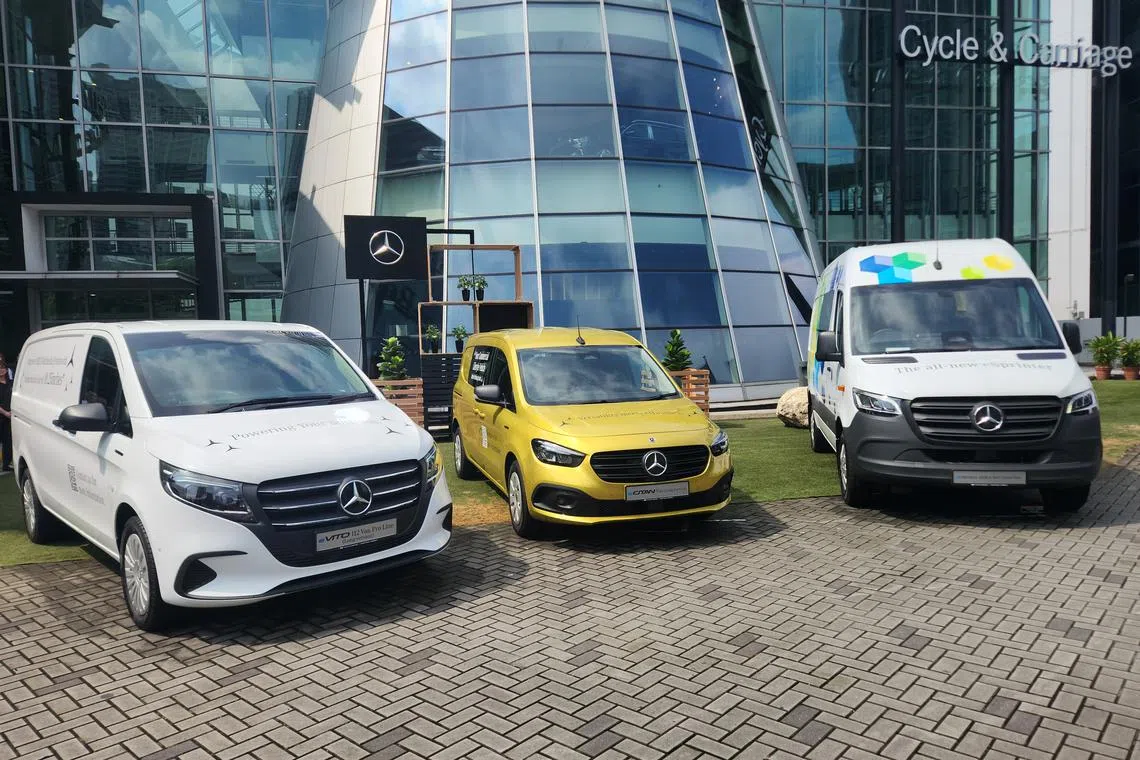 From left: The Mercedes-Benz eVito, eCitan and eSprinter electric vans, which were launched in Singapore on Wednesday (Apr 16). 