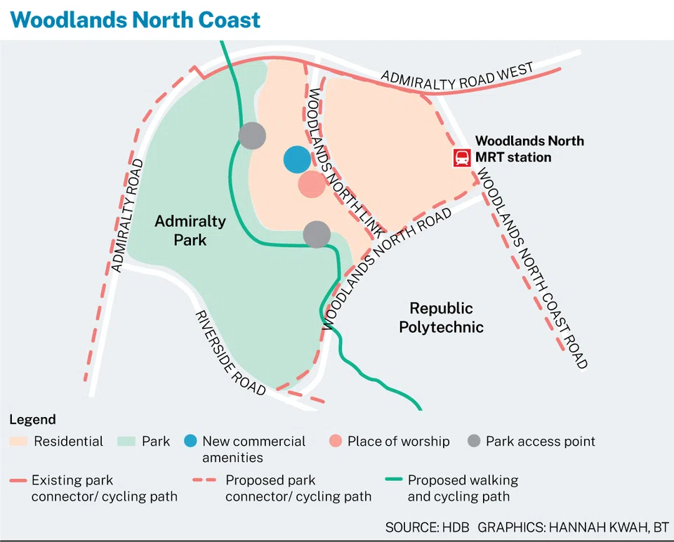HDB said that BTO projects in the upcoming Woodlands North Coast estate will leverage the area’s natural landscape and hilly terrain, with designs to maximise the views of nearby parks. 
