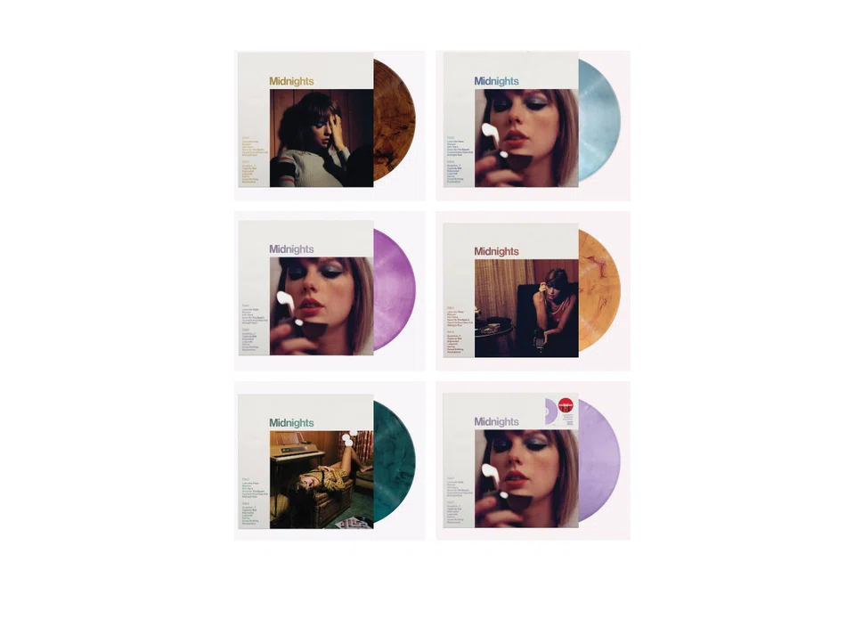 (Clockwise from top left): Six vinyl variants of Taylor Swift's "Midnights" album- mahogany, moonstone blue, blood moon, lavender, jade green and love potion purple. For "Midnights", Swift's last studio album, a total of 35 physical products, including these six vinyl variants, were sold. 
