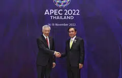 Prime Minister Lee Hsien Loong meeting Thai Prime Minister Prayut Chan-o-cha at the 29th Apec Economic Leaders' Meeting in Bangkok on Nov 18, 2022. 