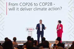 COP26 president Alok Sharma (centre) delivering his keynote address at the UBS Asia-Pacific Sustainable Finance Conference. With him is Valerie Lau, UBS’ co-head of Sustainable Finance for the Asia-Pacific.