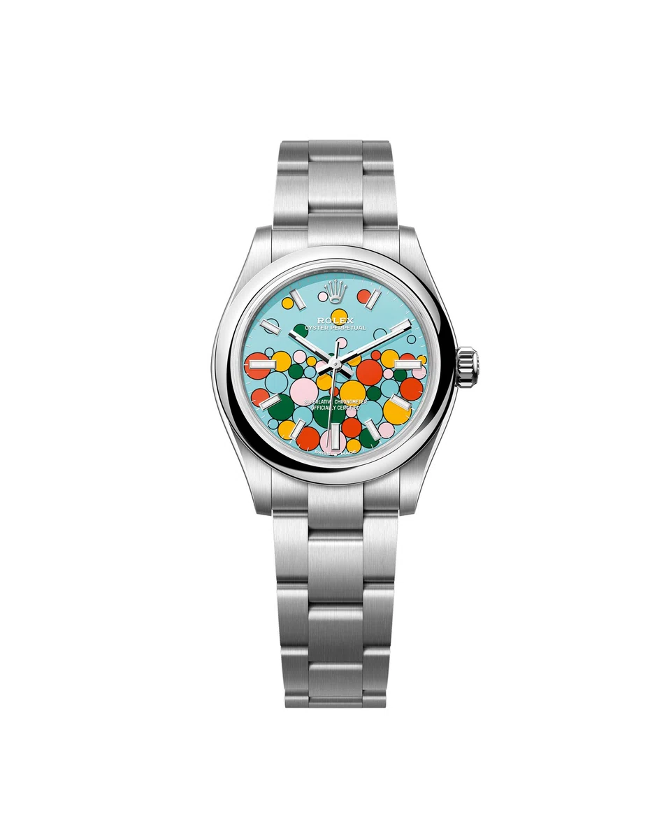 The Oyster Perpetual 31 in Oystersteel with a turquoise blue Celebration motif dial and an Oyster bracelet.