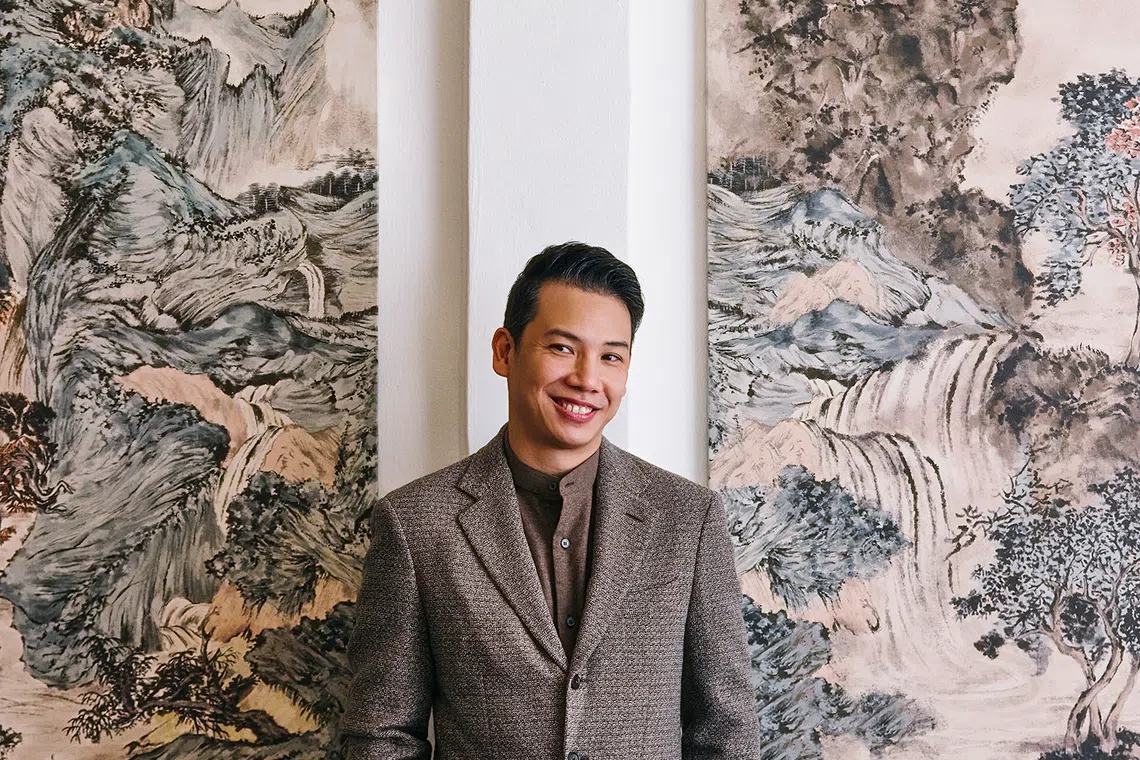 Bryan Lee wants to create a new, East-meets-West wellness hospitality concept in Labrador Park. He wears a brown cashmere wool shirt, dark brown merino wool blazer and brown merino wool trousers, all from Loro Piana.